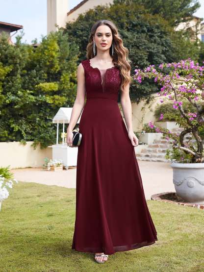 Long A Line Floral Lace Floor Length Sleeveless Chiffon Bridesmaid Dress - YESBABYONLINE