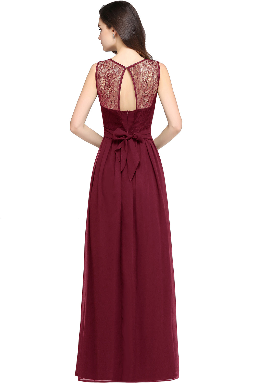 Long Off The Shoulder Round Neck Chiffon Bridesmaid Dress with Floral Lace and Ruffle - YESBABYONLINE