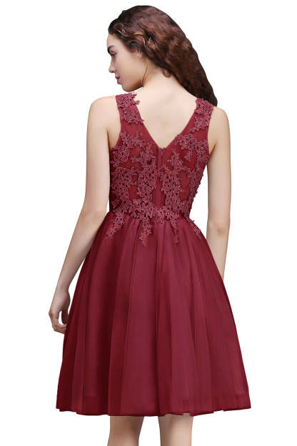 A line Round Neck Tulle Lace Mini Bridesmaid Dress with Appliques Lace - YESBABYONLINE