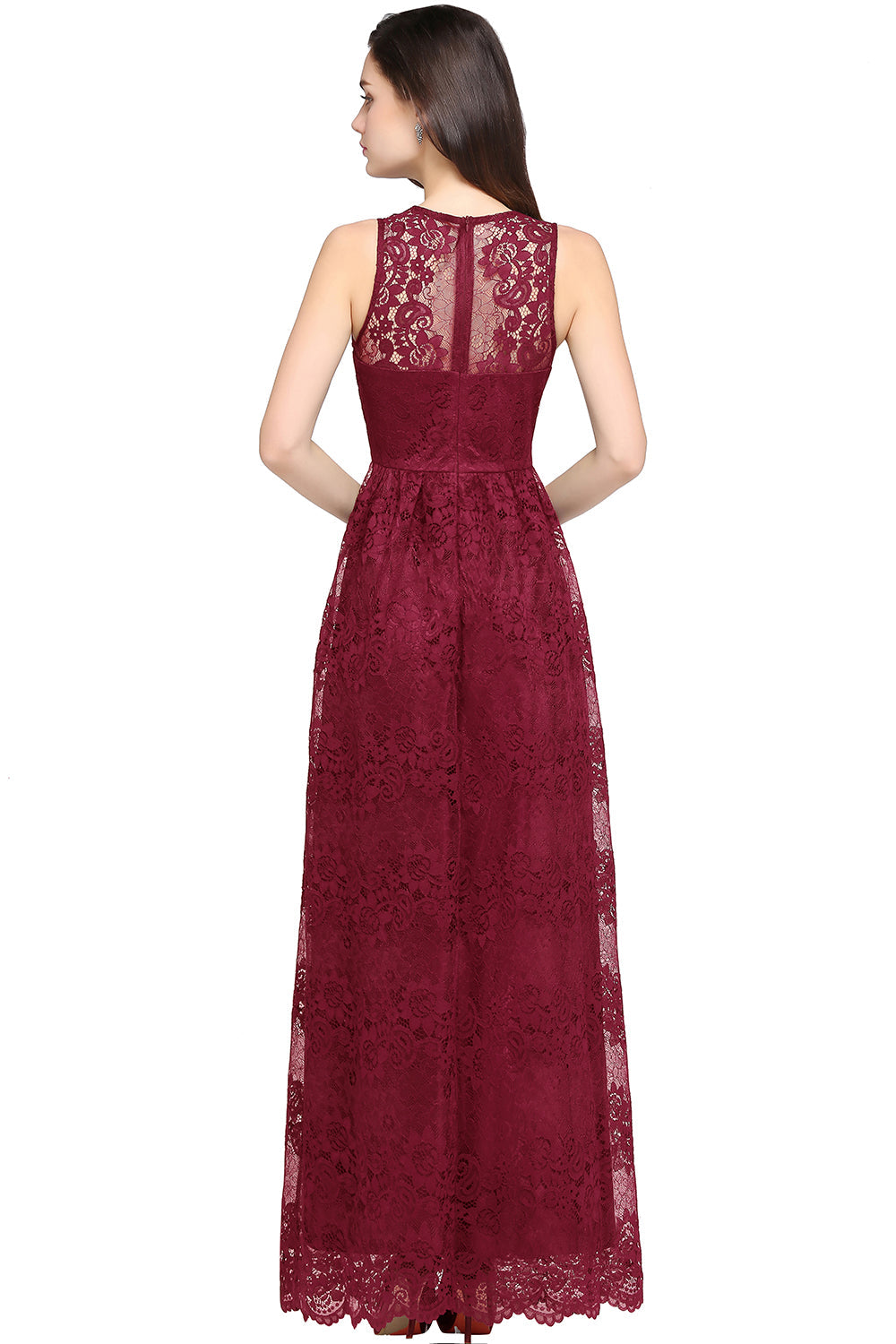 Long A Line Lace V Neck Sleveless Floor Length Evening Dress - YESBABYONLINE