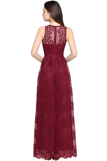 Long A Line Lace V Neck Sleveless Floor Length Evening Dress - YESBABYONLINE