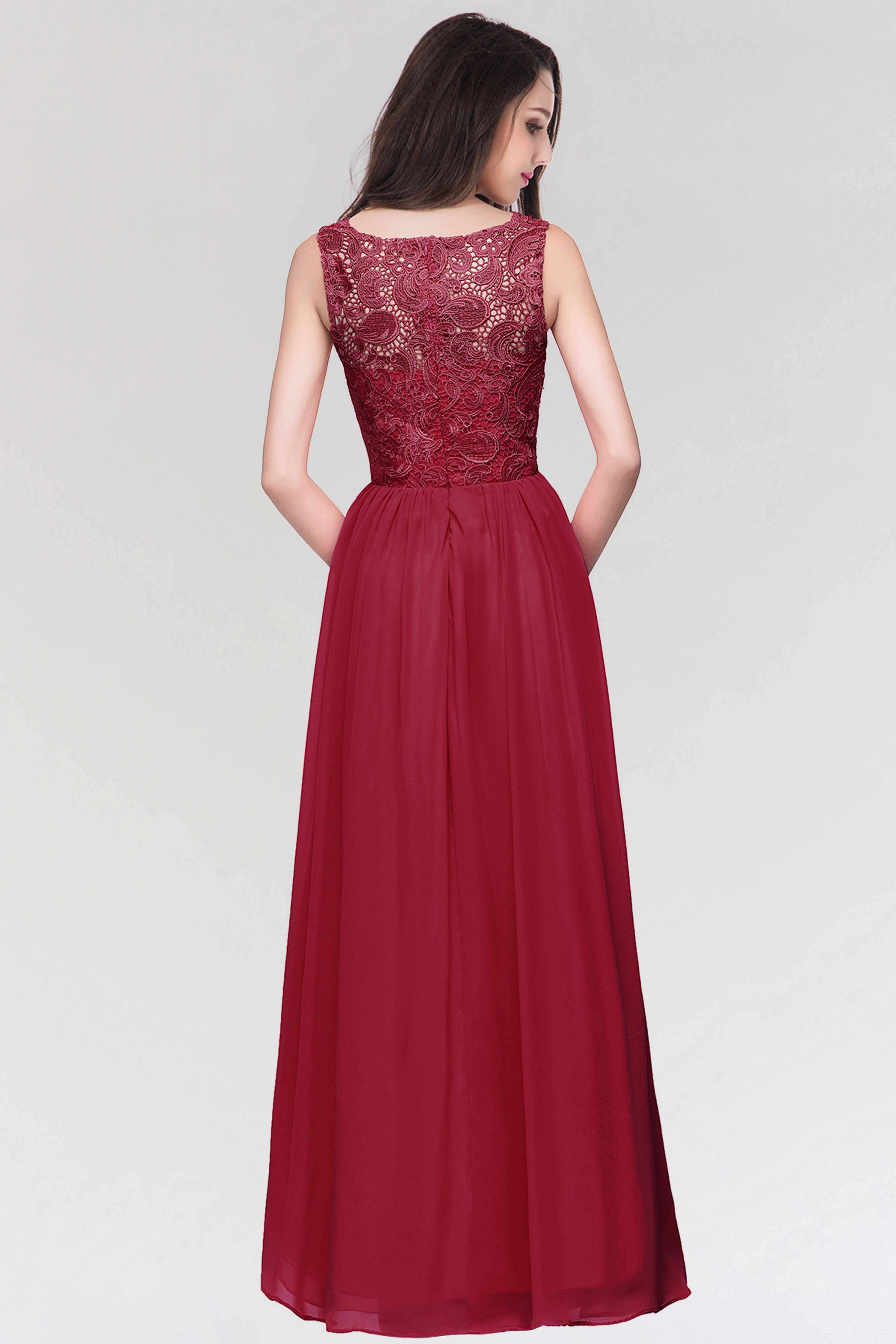 Long Chiffon Lace Sleeveless A Line Ruched Bridesmaid Dress - YESBABYONLINE