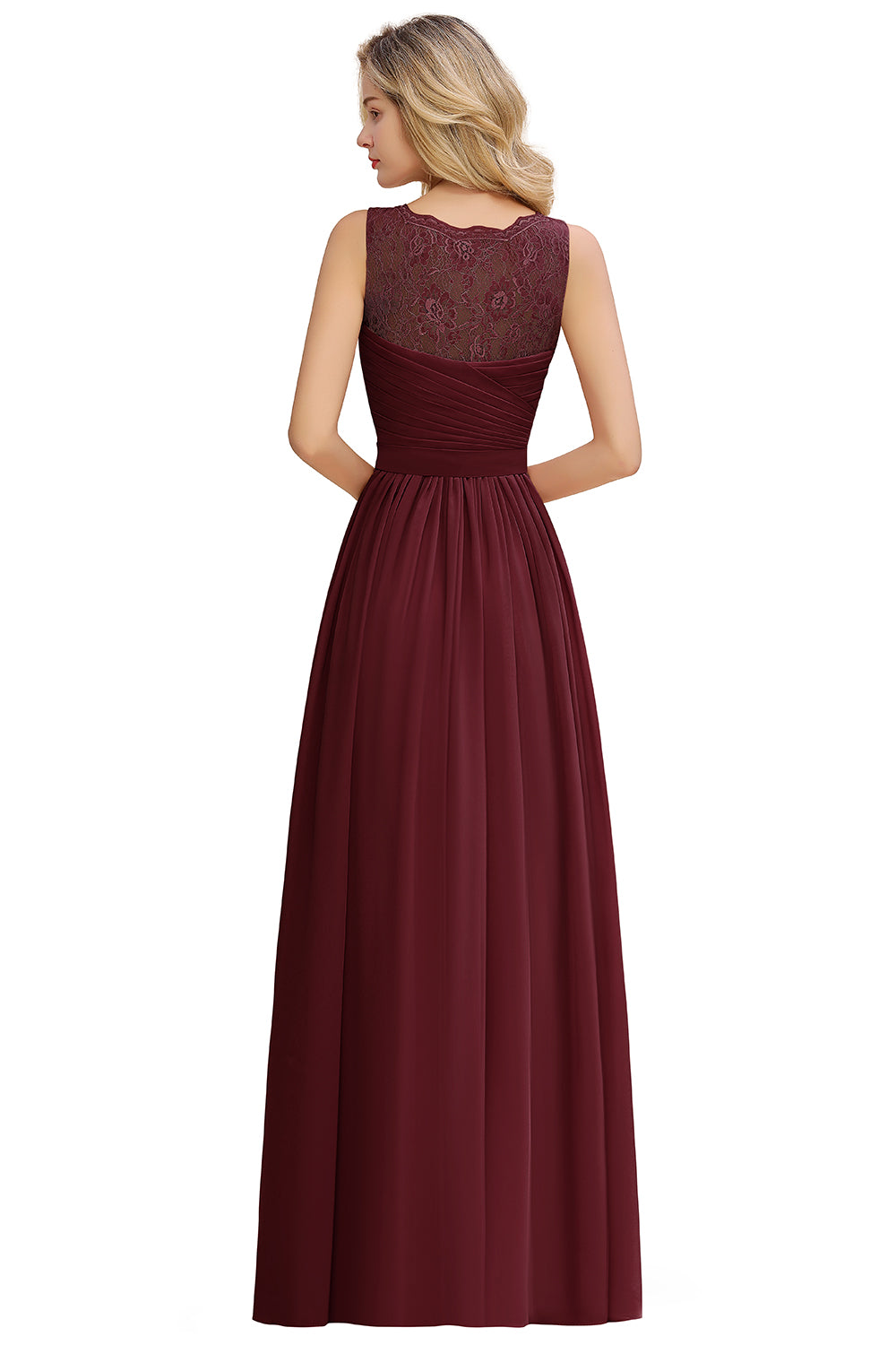 Long A line V-neck Ruffle Sleeveless Chiffon Bridesmaid Dress - YESBABYONLINE