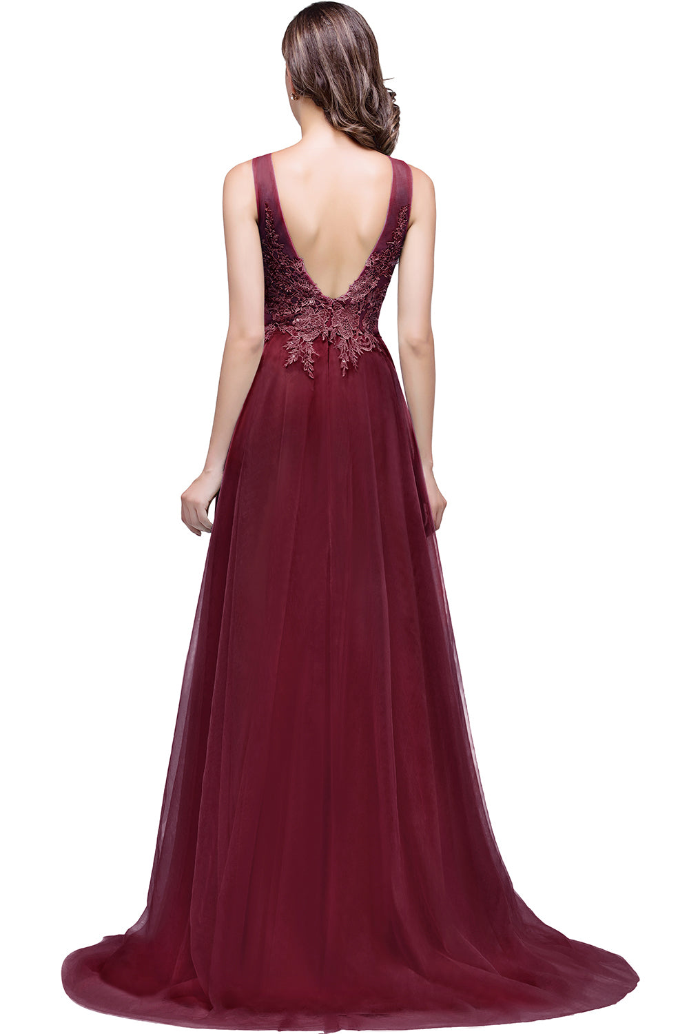 Long Sleeveless Round Neck Tulle A line Lace Appliques Bridesmaid Dress - YESBABYONLINE