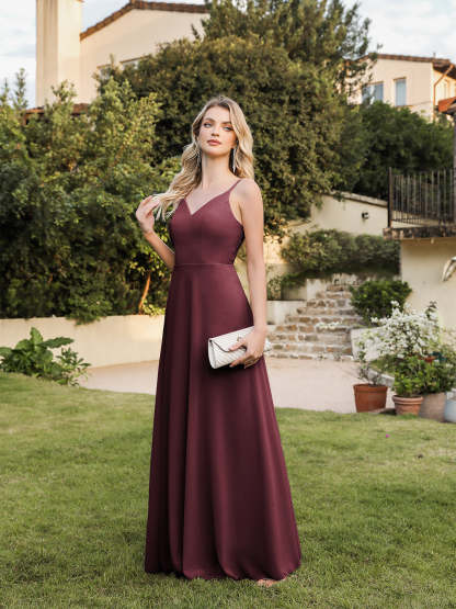 Long V-neck Backless Satin A-line Bridesmaid Dresses - YESBABYONLINE