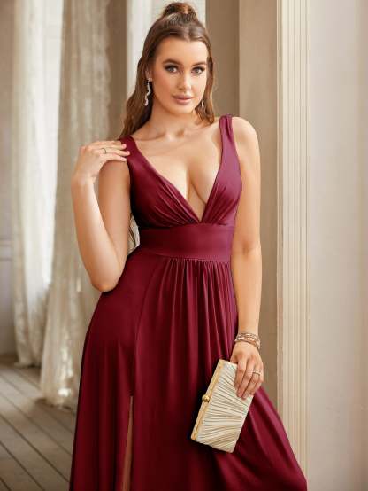 Long A-line V-Neck Sleeveless Floor Length Formal Dress with Slit - YESBABYONLINE