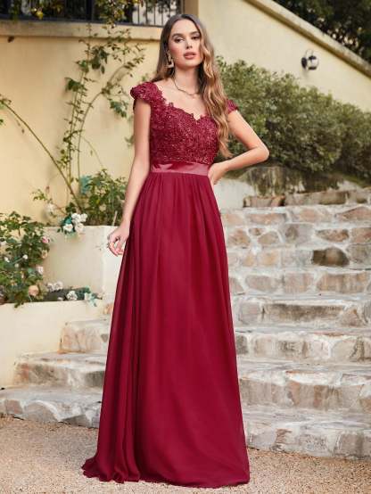 Long A line Scoop Neck Chiffon Floor Length Dress Lace Bridesmaid Dress - YESBABYONLINE