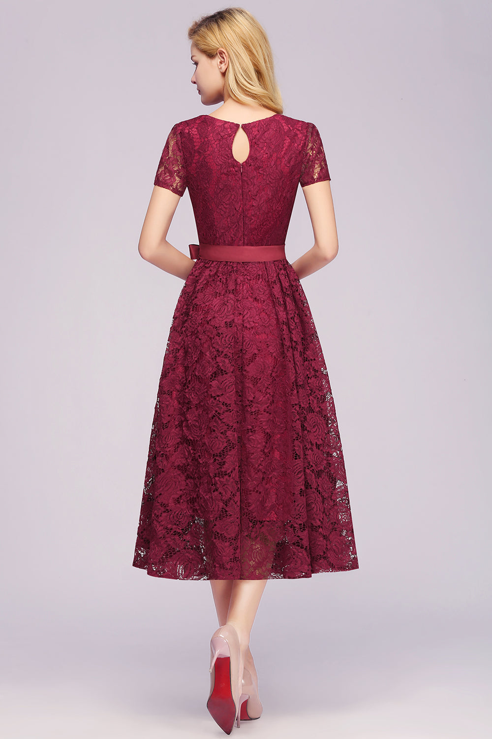 V Neck A Line Tea Length Floral Lace Formal Dress with Sleeves - YESBABYONLINE