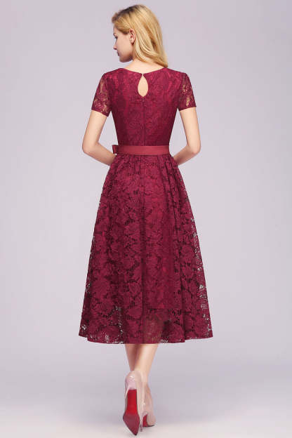 V Neck A Line Tea Length Floral Lace Formal Dress with Sleeves - YESBABYONLINE