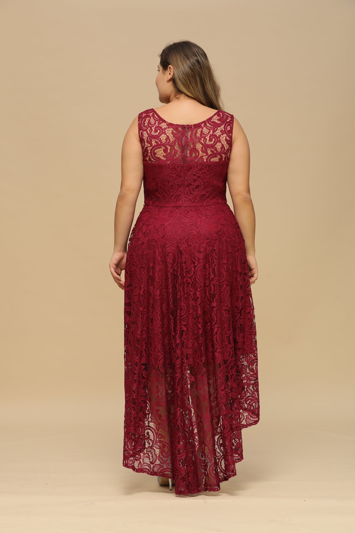 High Low A line U Neck Sleeveless Lace Formal Dress - YESBABYONLINE