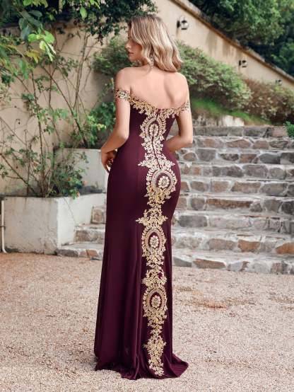 Long Off-the-Shoulder Floor Length Mermaid Evening Dress with Gold Appliques - YESBABYONLINE