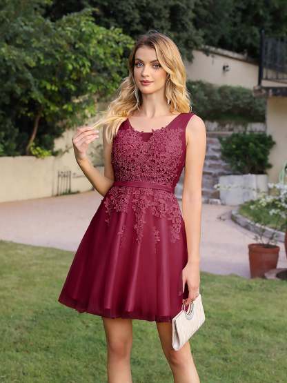 Short A-line Mini Tulle Formal Dress with Lace Appliques - YESBABYONLINE