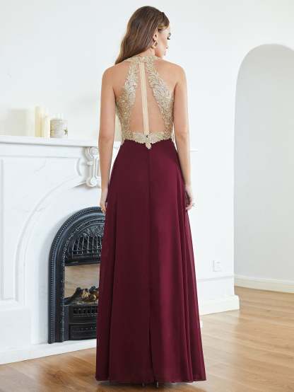 Long A Line Halter Gold Appliques Chiffon Wedding Party Dress - YESBABYONLINE