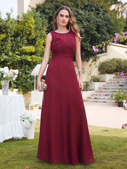 Long A line Sleeveless Scoop Neck Ruffle Chiffon Bridesmaid Dresses - YESBABYONLINE