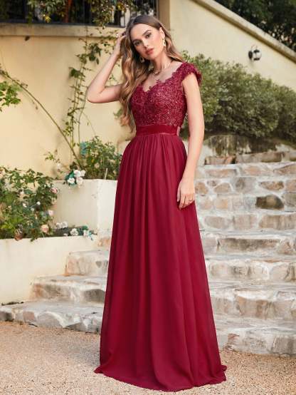 Long A line Scoop Neck Chiffon Floor Length Dress Lace Bridesmaid Dress - YESBABYONLINE