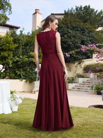 Long A Line Floral Lace Floor Length Sleeveless Chiffon Bridesmaid Dress - YESBABYONLINE