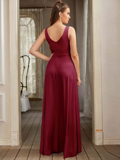 Long A-line V-Neck Sleeveless Floor Length Formal Dress with Slit - YESBABYONLINE