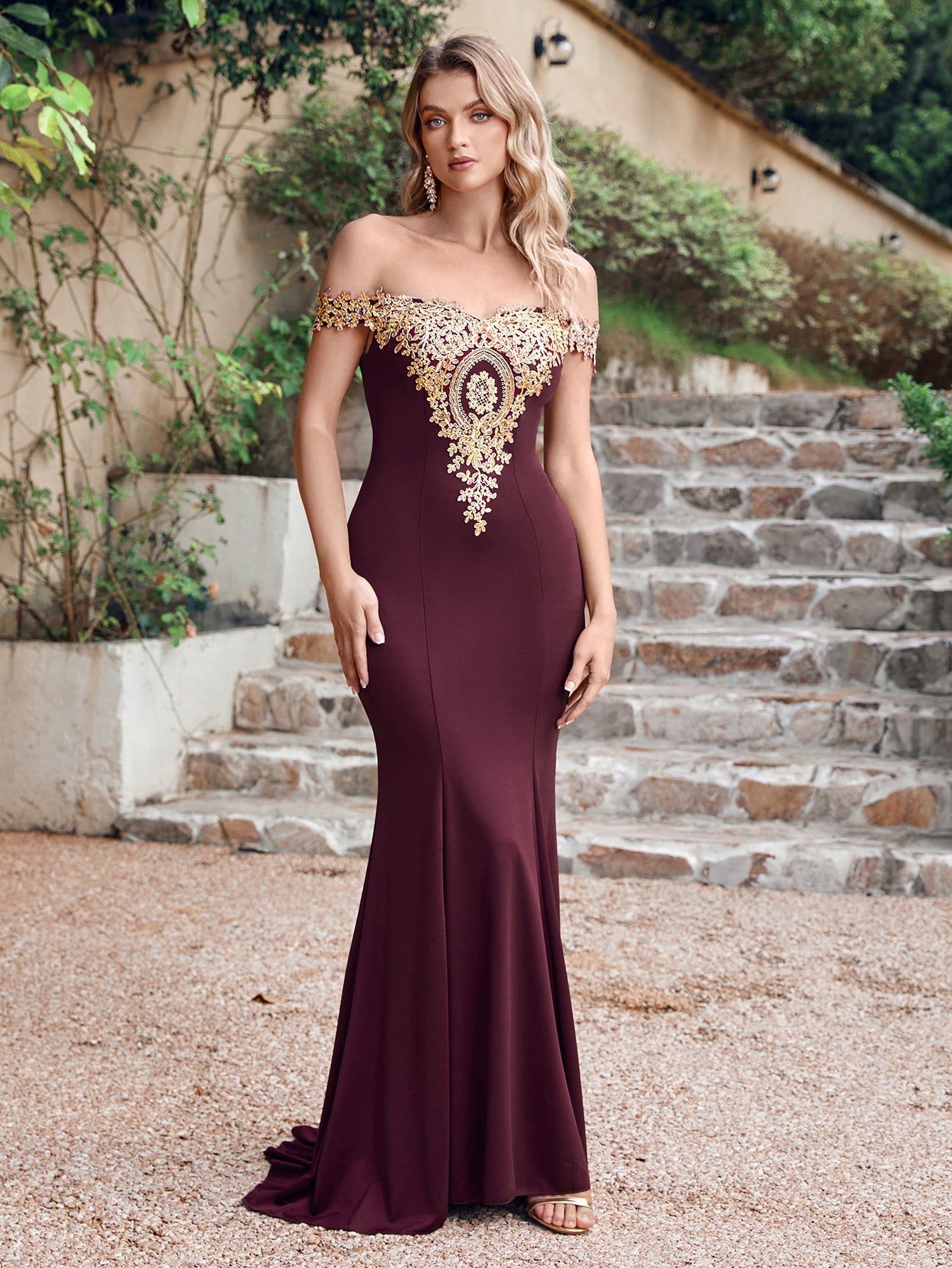 Long Off-the-Shoulder Floor Length Mermaid Evening Dress with Gold Appliques - YESBABYONLINE
