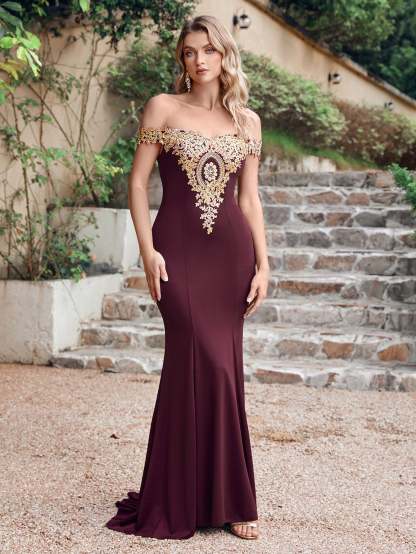 Long Off-the-Shoulder Floor Length Mermaid Evening Dress with Gold Appliques - YESBABYONLINE