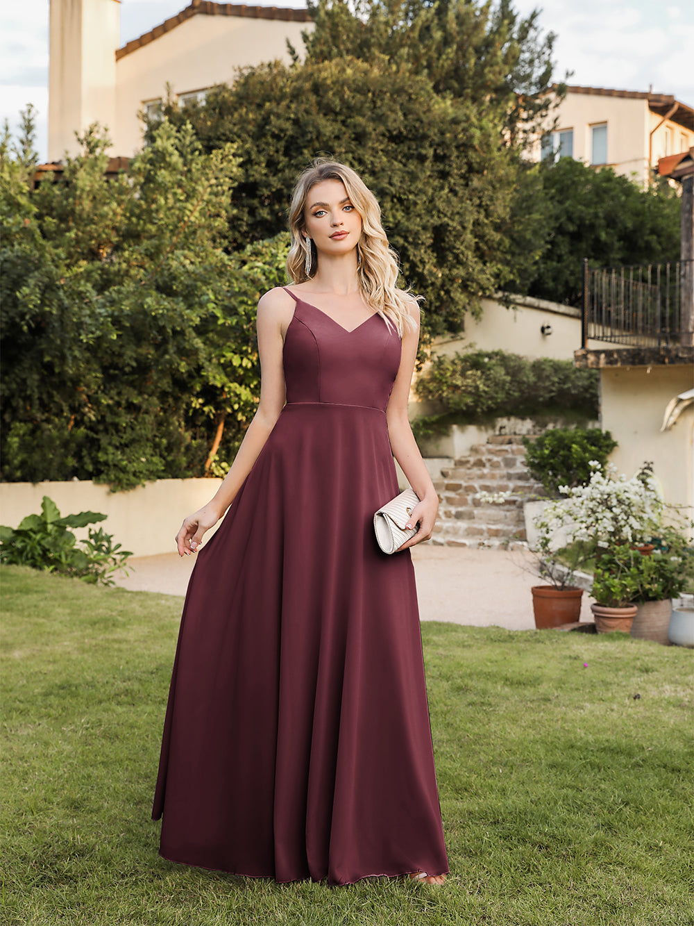 Long V-neck Backless Satin A-line Bridesmaid Dresses - YESBABYONLINE