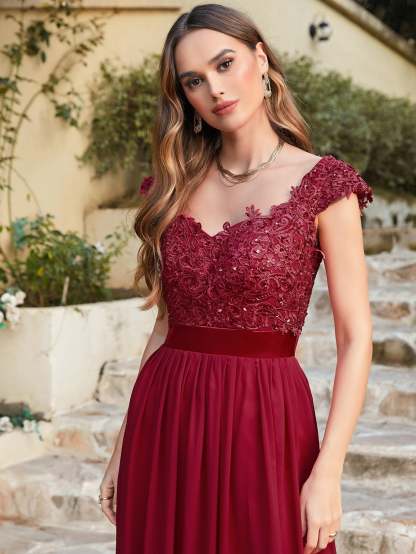 Long A line Scoop Neck Chiffon Floor Length Dress Lace Bridesmaid Dress - YESBABYONLINE