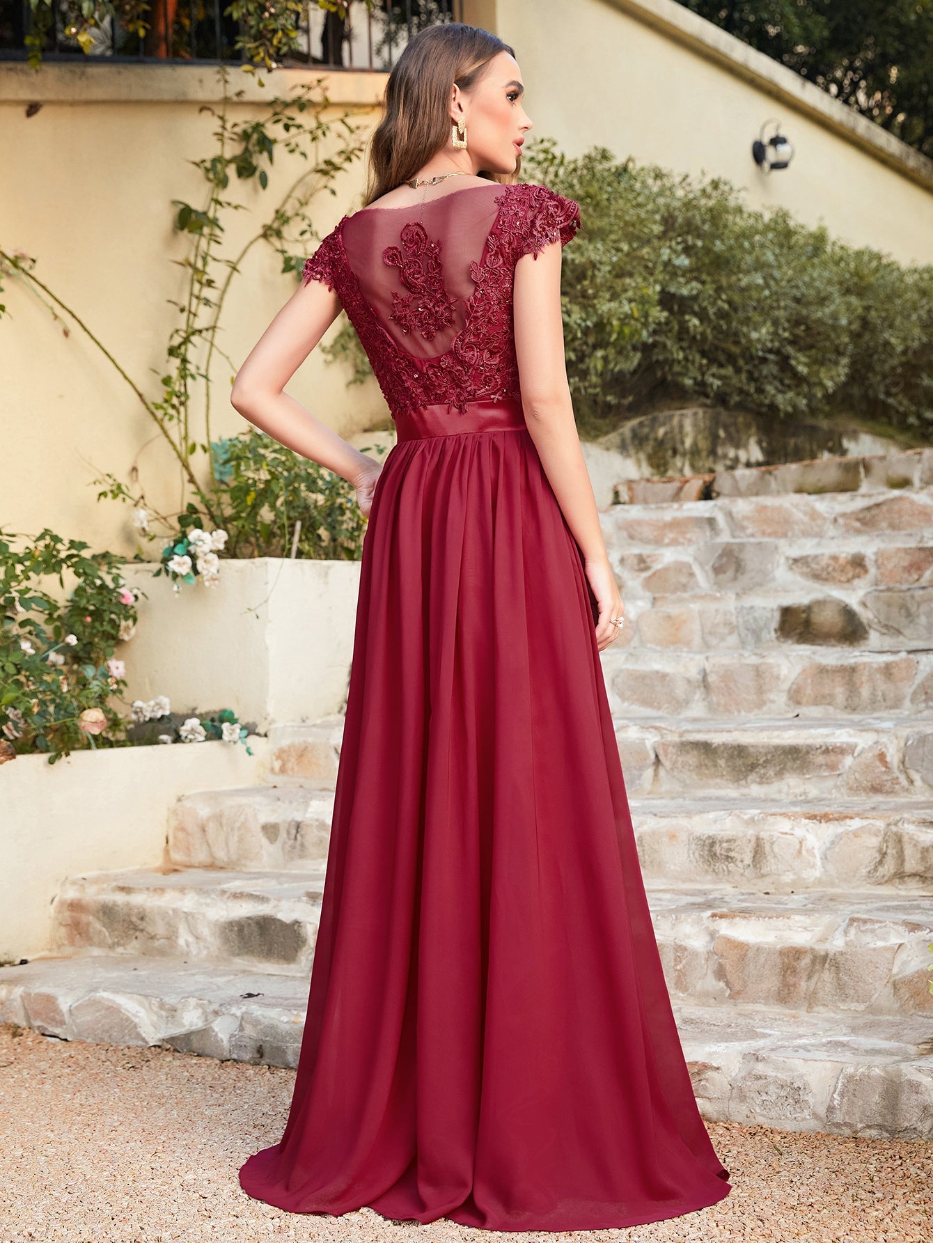 Long A line Scoop Neck Chiffon Floor Length Dress Lace Bridesmaid Dress - YESBABYONLINE