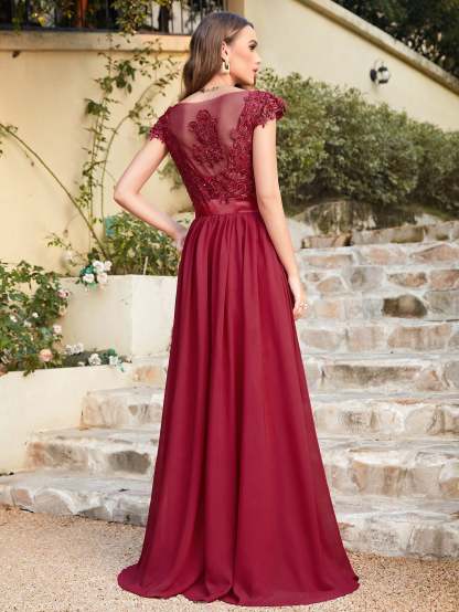 Long A line Scoop Neck Chiffon Floor Length Dress Lace Bridesmaid Dress - YESBABYONLINE