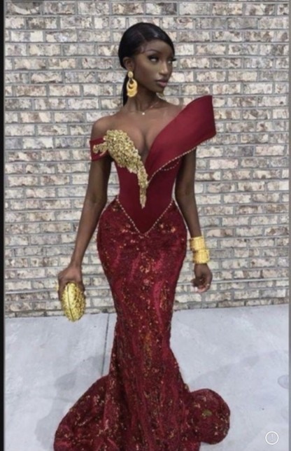 Burgundy Mermaid V-neck Long Tulle Prom Dress with Gold Appliques Lace
