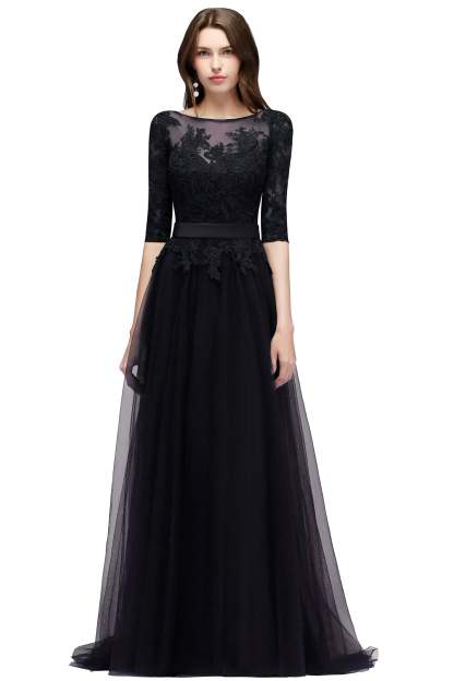 A line Round Neck Half Sleeves Tulle Lace Appliques Long Bridesmaid Dresses - YESBABYONLINE