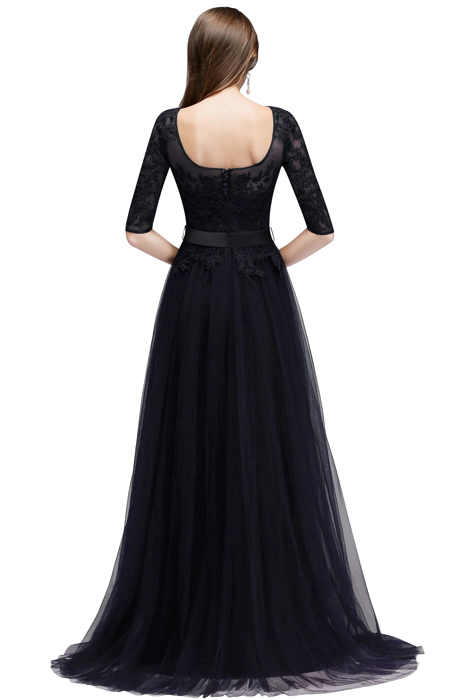 A line Round Neck Half Sleeves Tulle Lace Appliques Long Bridesmaid Dresses - YESBABYONLINE