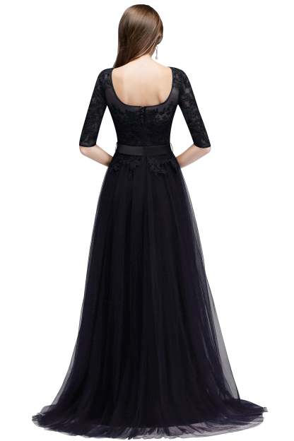 A line Round Neck Half Sleeves Tulle Lace Appliques Long Bridesmaid Dresses - YESBABYONLINE
