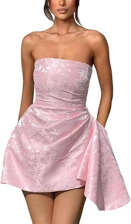 A-line Strapless Jacquard Satin Asymmetrical Lace up Sleeveless Short Homecoming Dress - YESBABYONLINE