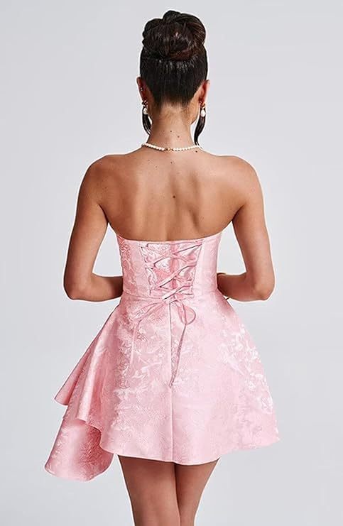 A-line Strapless Jacquard Satin Asymmetrical Lace up Sleeveless Short Homecoming Dress - YESBABYONLINE