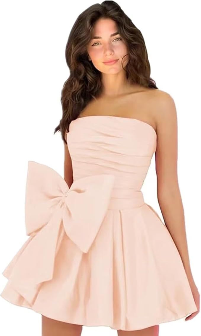 Chic Short A-line Sleeveless Strapless Ruched Lace Up Homecoming Dresses with Bow - YESBABYONLINE