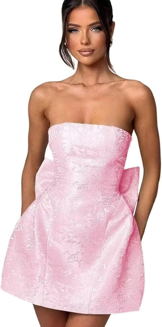 Strapless Short Ball Gown Sleeveless Lace up Jacquard Satin Homecoming Dress with Bow - YESBABYONLINE