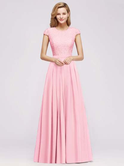 Long A-line Tulle Floral Lace Bridesmaid Dress with Cap Sleeves - YESBABYONLINE