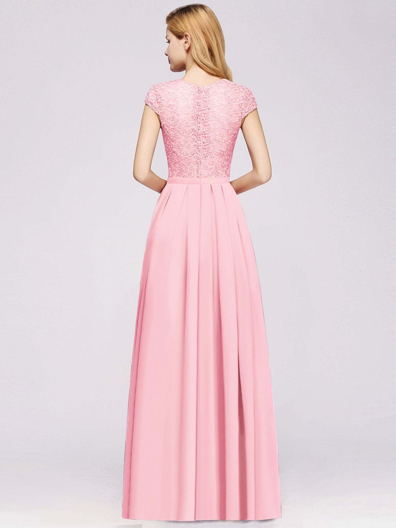 Long A-line Tulle Floral Lace Bridesmaid Dress with Cap Sleeves - YESBABYONLINE