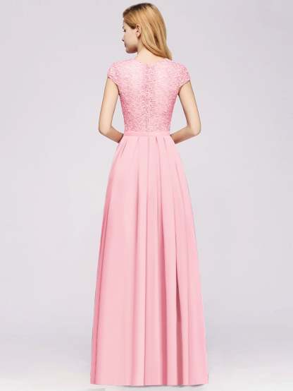 Long A-line Tulle Floral Lace Bridesmaid Dress with Cap Sleeves - YESBABYONLINE