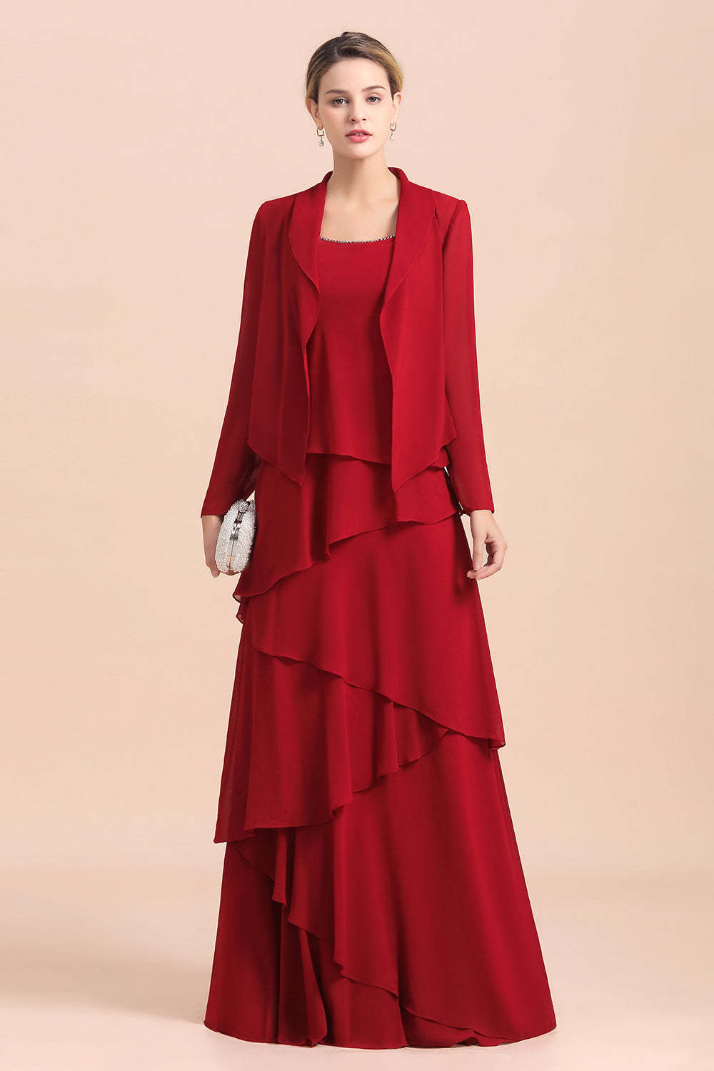 Elegant Ruffles Red Chiffon Mother Of The Bride Dress with Jacket Yesbabyonline