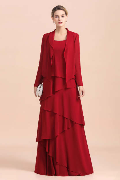 Elegant Ruffles Red Chiffon Mother Of The Bride Dress with Jacket Yesbabyonline