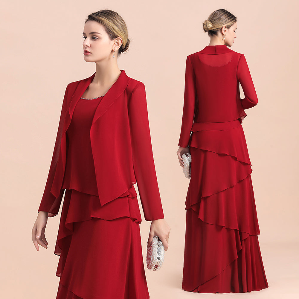 Elegant Ruffles Red Chiffon Mother Of The Bride Dress with Jacket Yesbabyonline