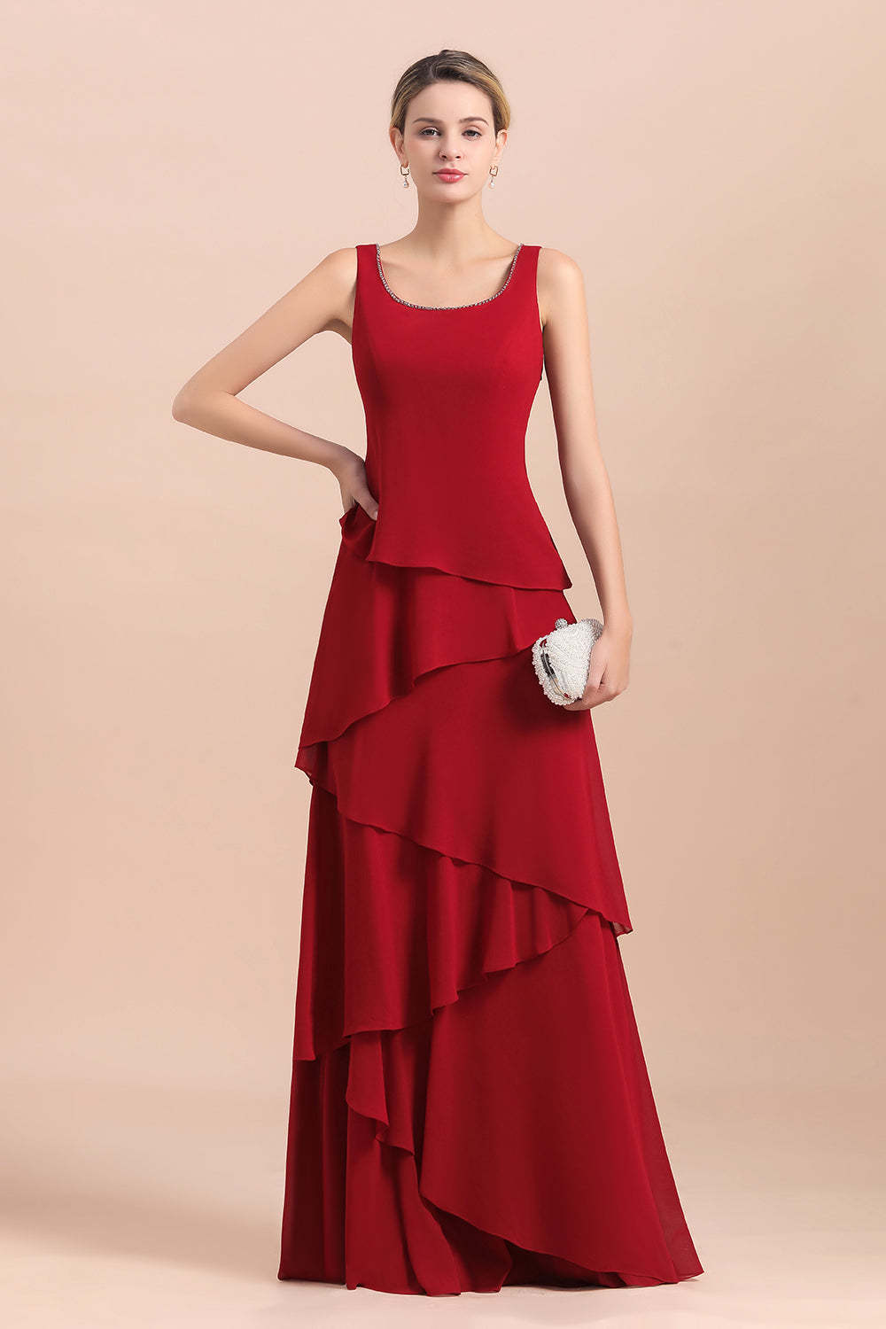 Elegant Ruffles Red Chiffon Mother Of The Bride Dress with Jacket Yesbabyonline