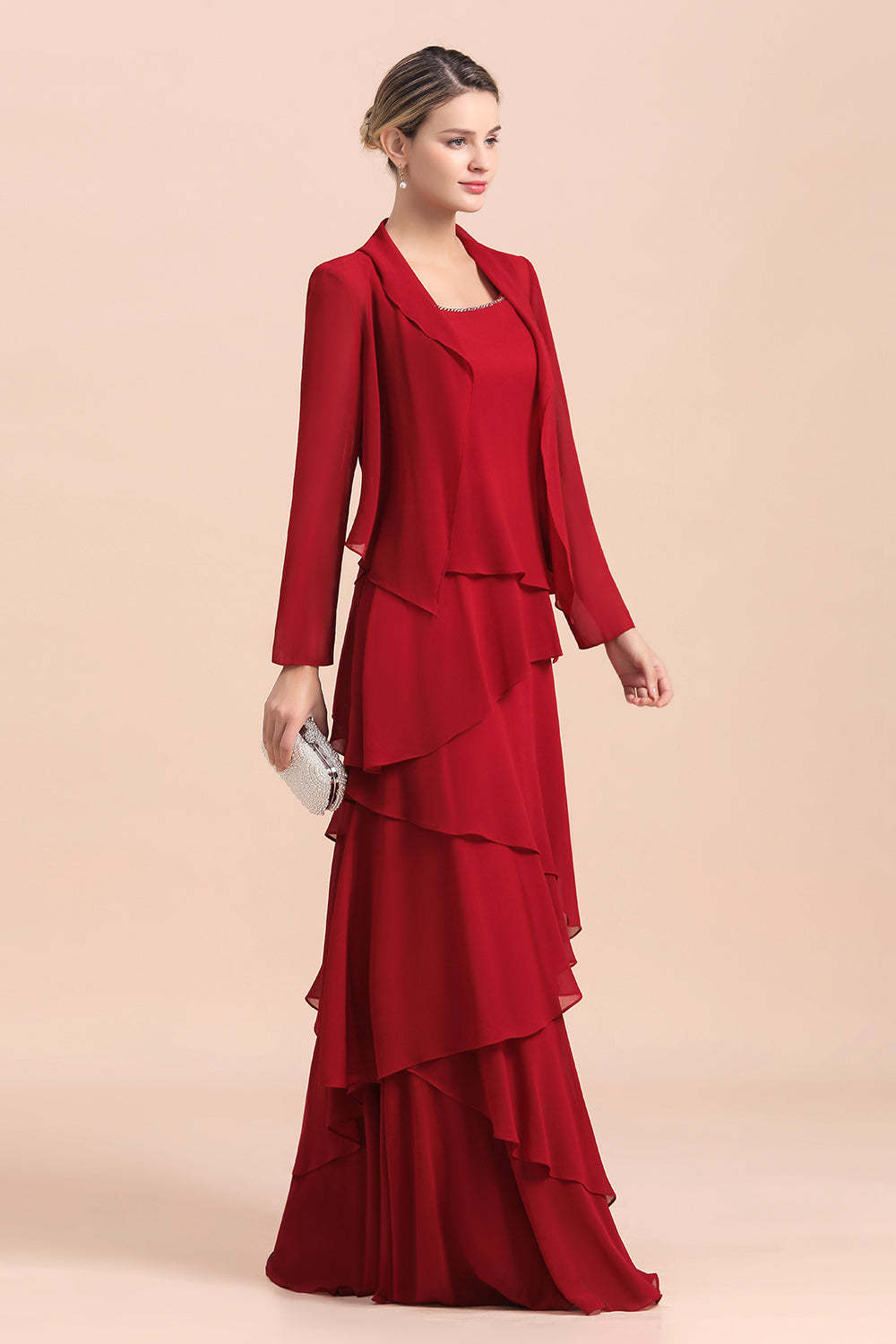 Elegant Ruffles Red Chiffon Mother Of The Bride Dress with Jacket Yesbabyonline
