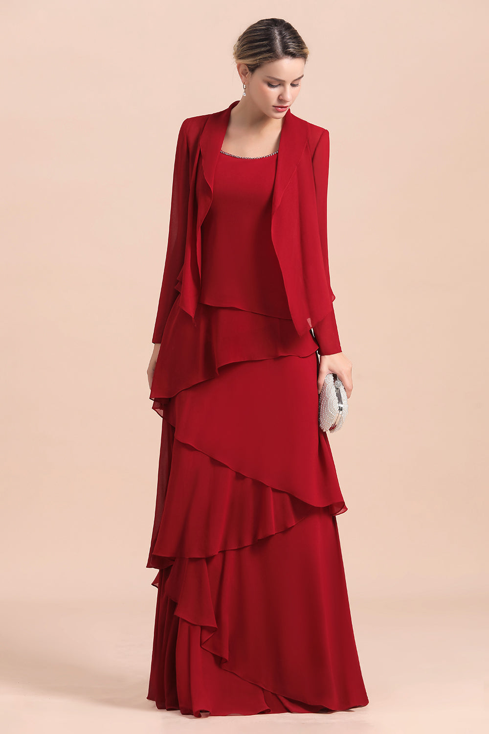 Elegant Ruffles Red Chiffon Mother Of The Bride Dress with Jacket Yesbabyonline