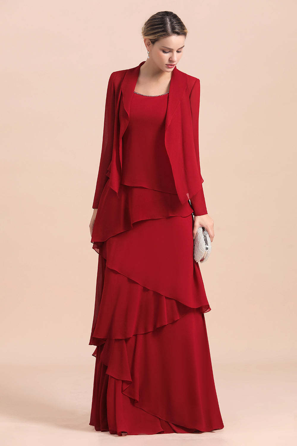 Elegant Ruffles Red Chiffon Mother Of The Bride Dress with Jacket Yesbabyonline