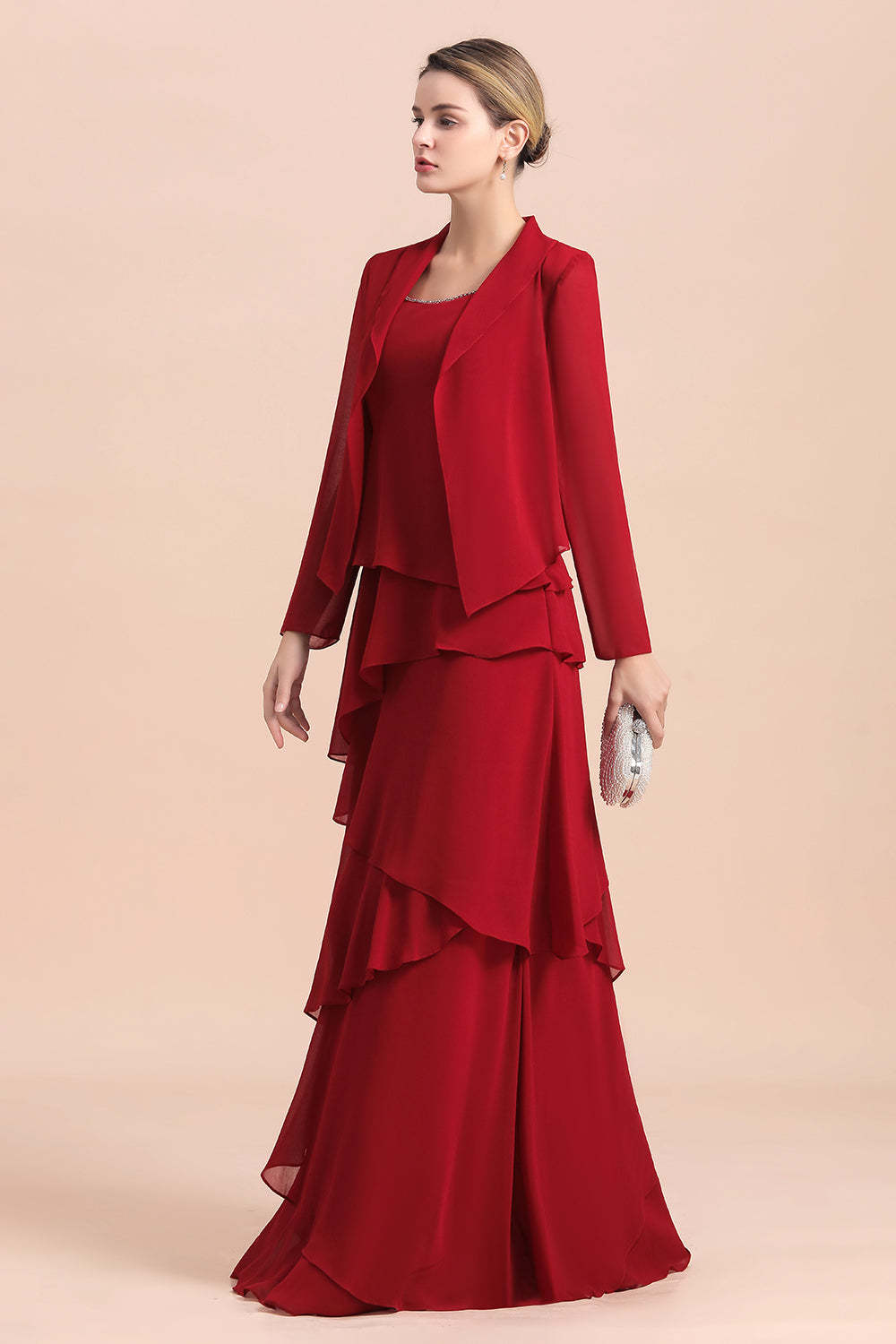 Elegant Ruffles Red Chiffon Mother Of The Bride Dress with Jacket Yesbabyonline