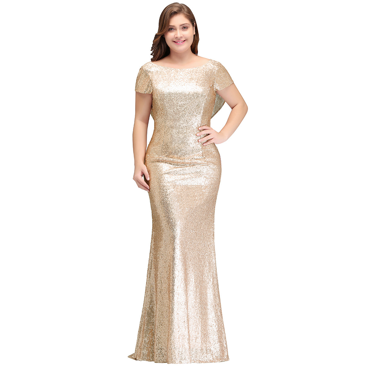 Long Open Back Sequins Scoop Neck Mermaid Floor Length Bridesmaid Dress - YESBABYONLINE