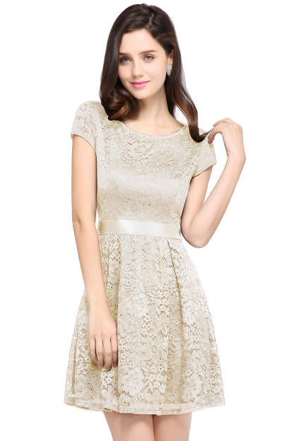 Short Cap Sleeves Formal Dress Round Neck Lace A line Bridesmaid Dress - YESBABYONLINE