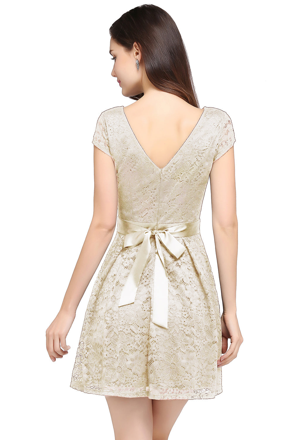 Short Cap Sleeves Formal Dress Round Neck Lace A line Bridesmaid Dress - YESBABYONLINE