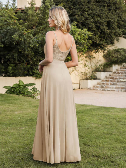 Long V-neck Backless Satin A-line Bridesmaid Dresses - YESBABYONLINE